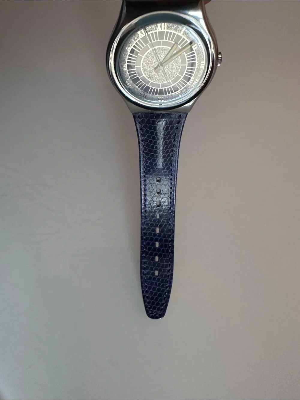 Swatch GX123 Alexander Steel Case Metallic Dial Embossed Purple Leather Strap